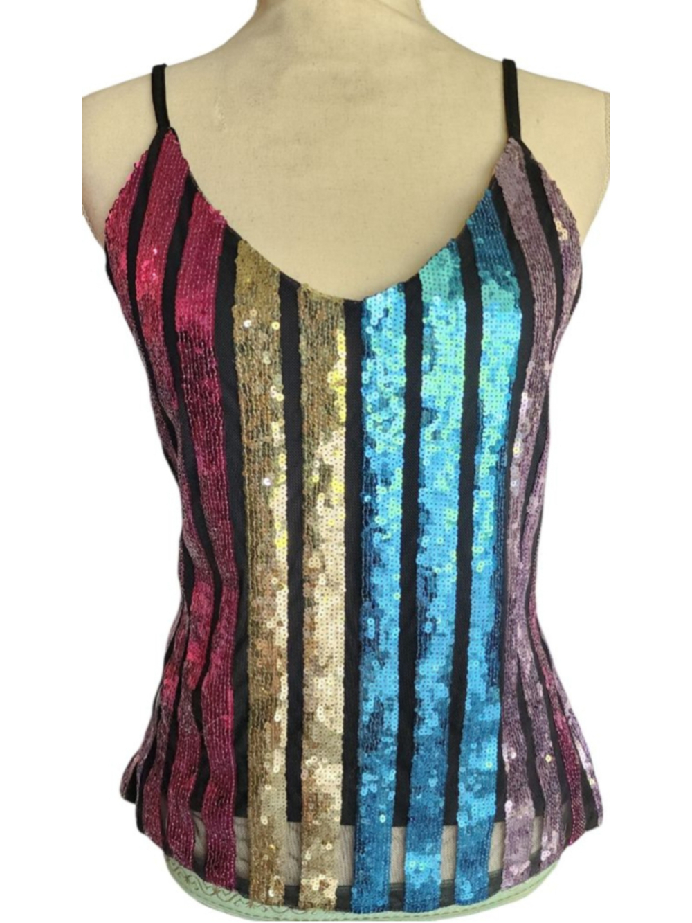 Miss Chievous Sequin Tank Top Size S Black Striped Party Camisole Y2K Festival